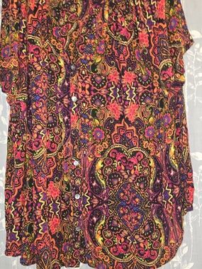"Angelina" Medallion Paisley Button-Up Short-sleeve Blouse/Tunic - Bright Multi